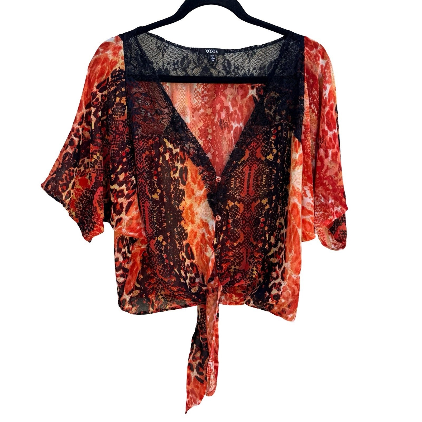 XOXO Y2K Red Animal Print Lace Tie Front Blouse M Snakeskin Leopard Maximalist