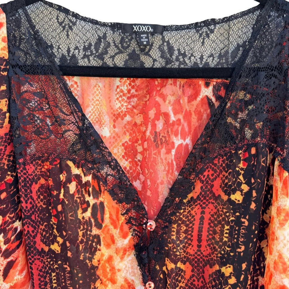 XOXO Y2K Red Animal Print Lace Tie Front Blouse M Snakeskin Leopard Maximalist