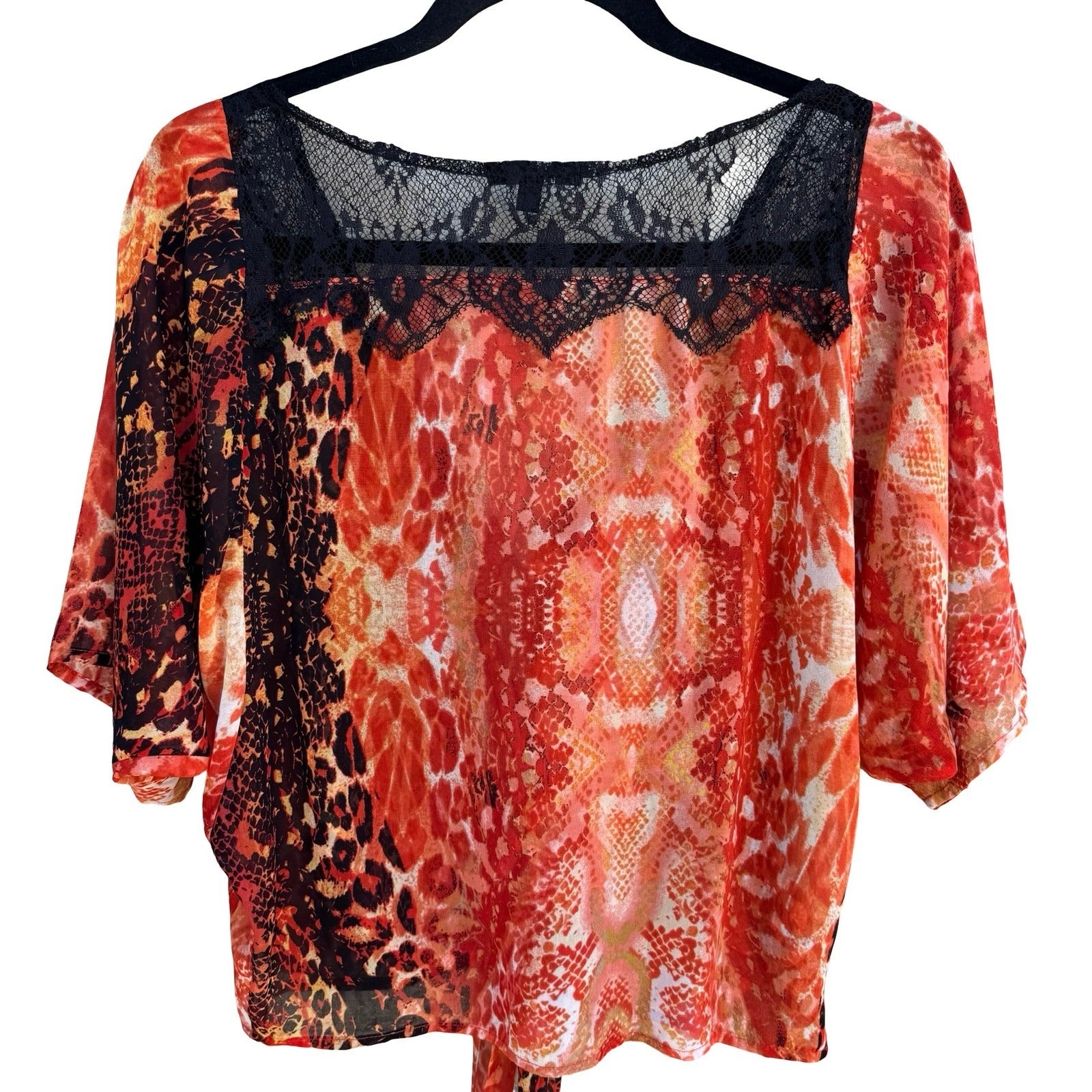 XOXO Y2K Red Animal Print Lace Tie Front Blouse M Snakeskin Leopard Maximalist