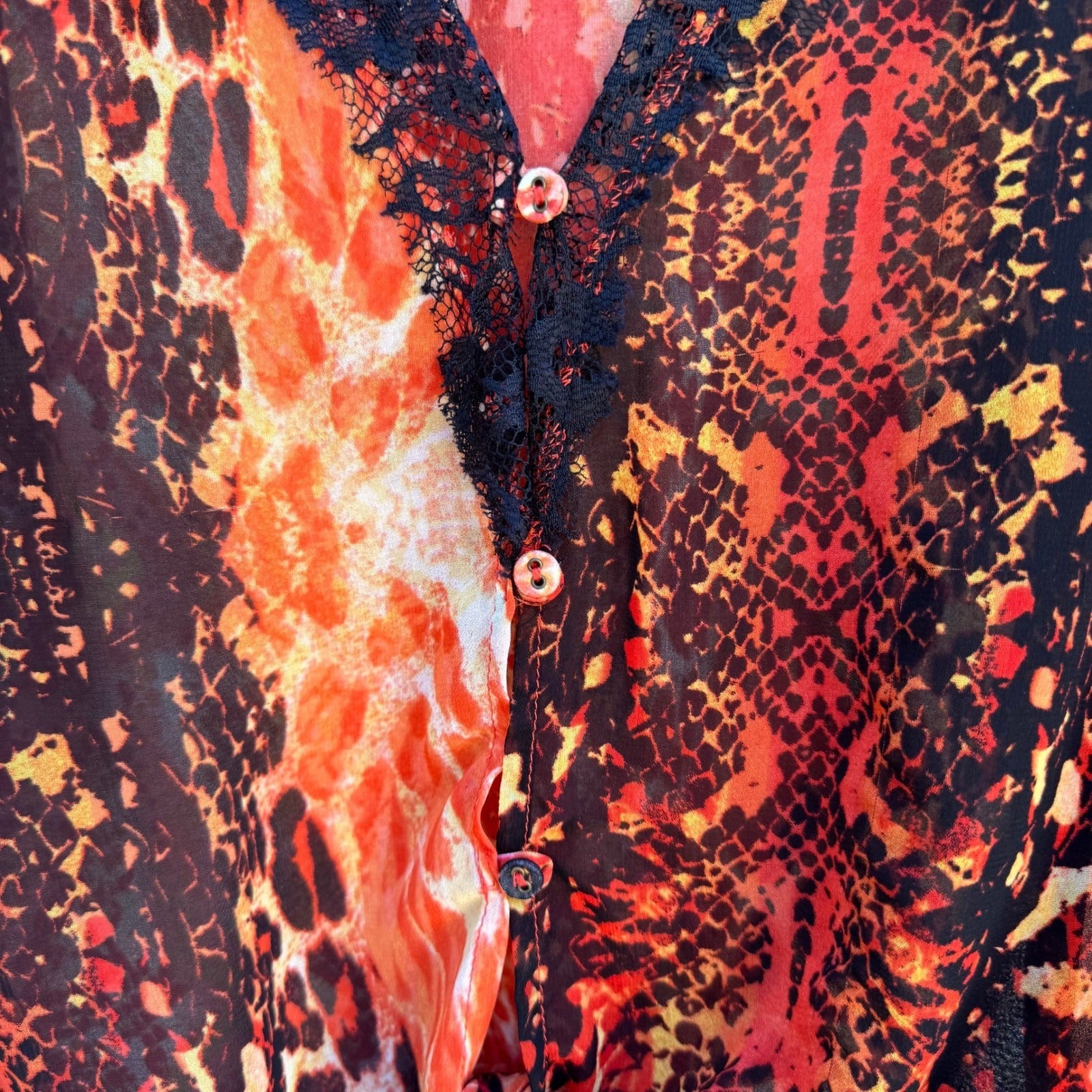 XOXO Y2K Red Animal Print Lace Tie Front Blouse M Snakeskin Leopard Maximalist