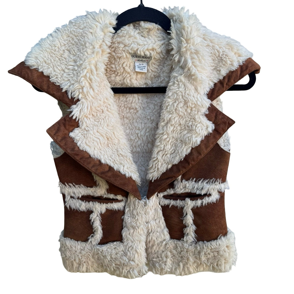 Guess Y2K Faux Shearling Suede Western Boho Penny Lane Open Front Vest Brown XS