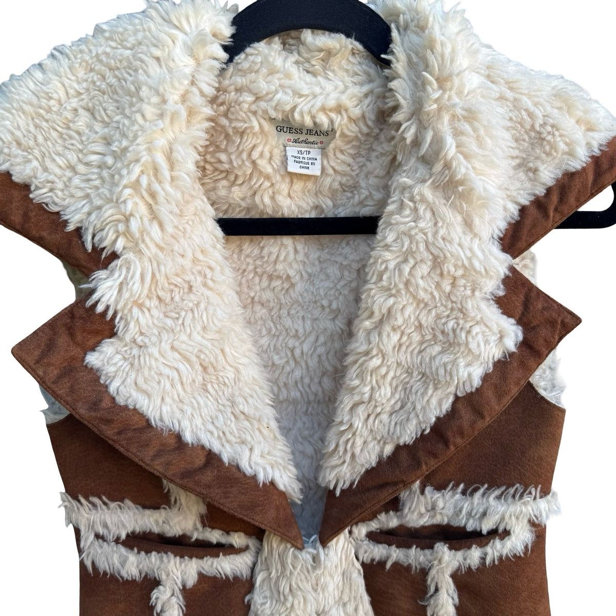 Guess Y2K Faux Shearling Suede Western Boho Penny Lane Open Front Vest Brown XS
