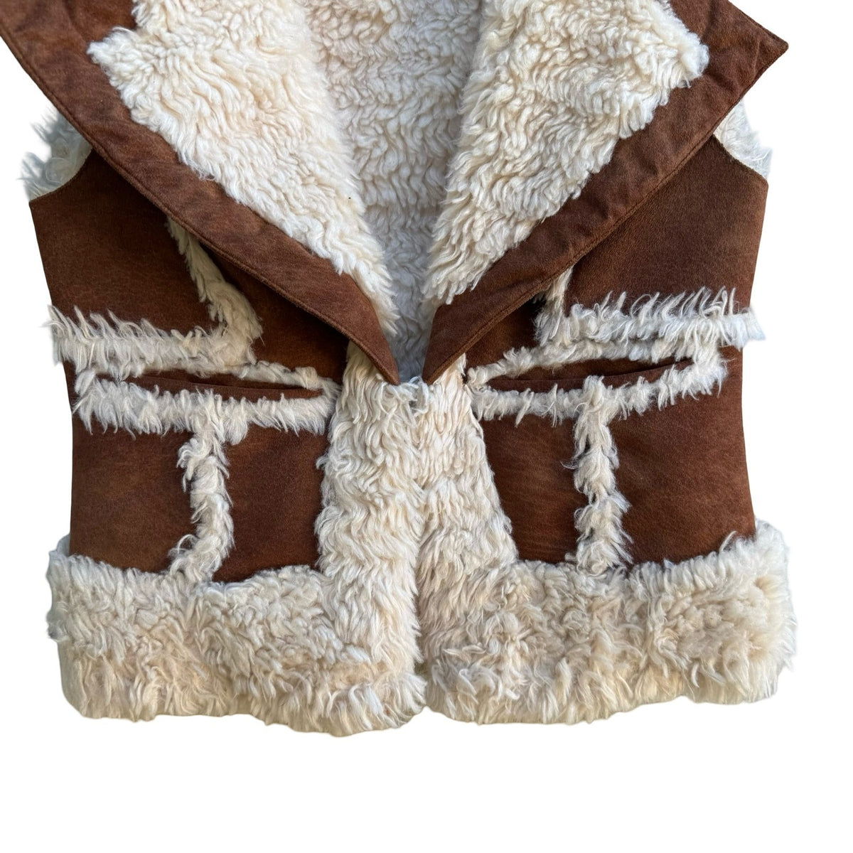 Guess Y2K Faux Shearling Suede Western Boho Penny Lane Open Front Vest Brown XS