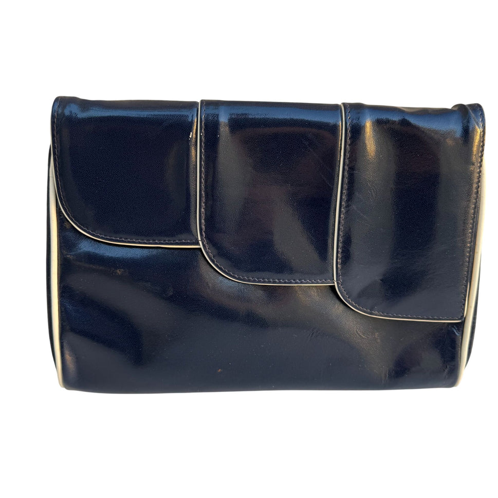 Bullocks Vintage Italian Leather Clutch Navy White Piping Art Deco Snap Closure