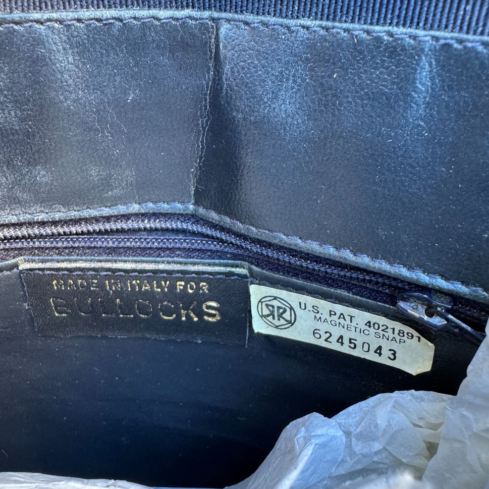 Bullocks Vintage Italian Leather Clutch Navy White Piping Art Deco Snap Closure