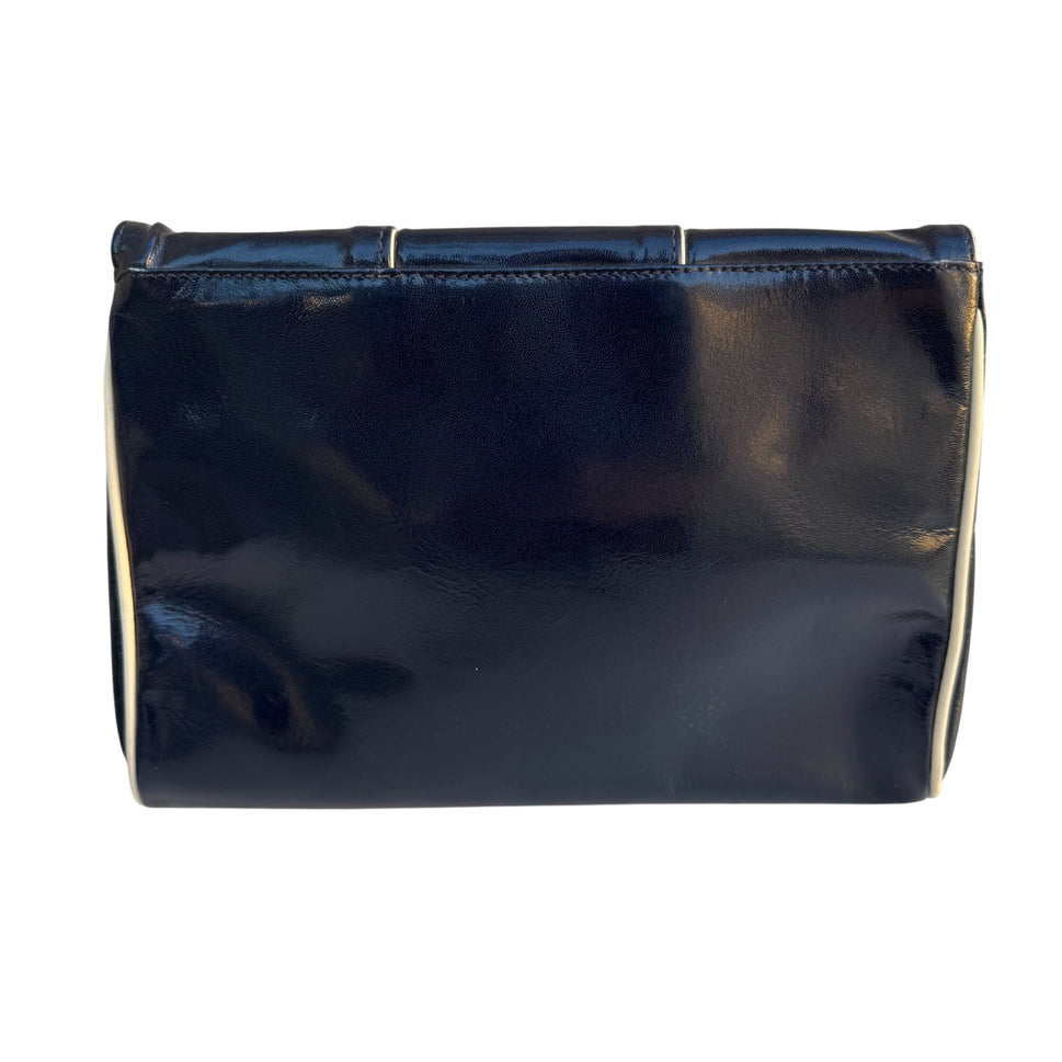Bullocks Vintage Italian Leather Clutch Navy White Piping Art Deco Snap Closure