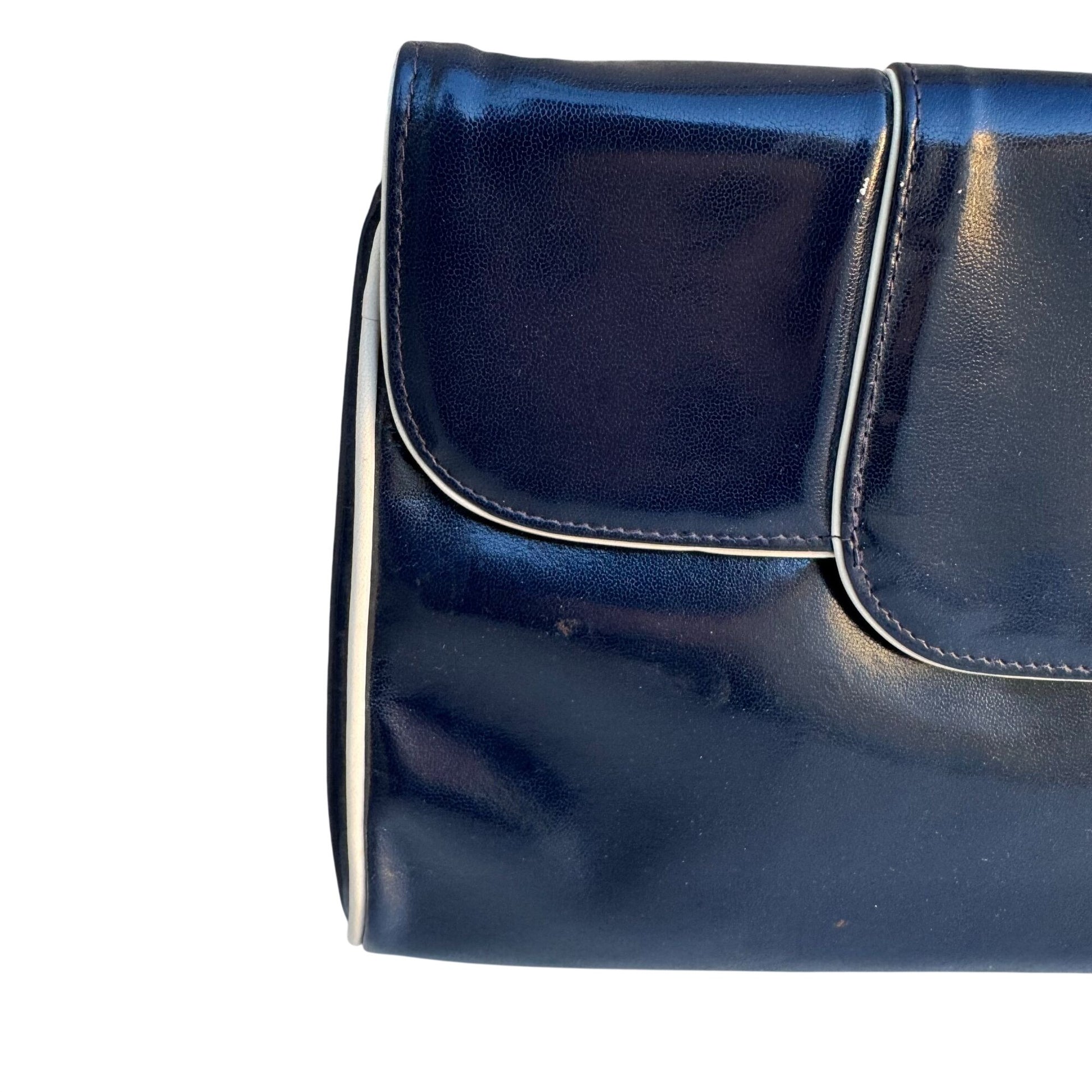 Bullocks Vintage Italian Leather Clutch Navy White Piping Art Deco Snap Closure