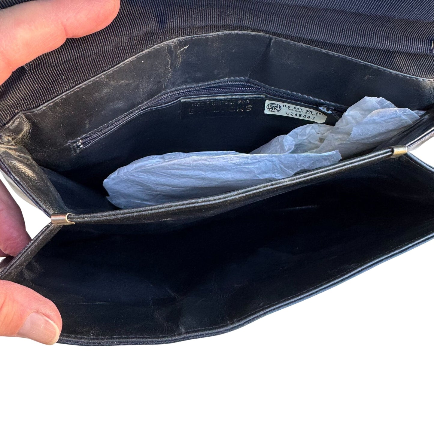 Bullocks Vintage Italian Leather Clutch Navy White Piping Art Deco Snap Closure