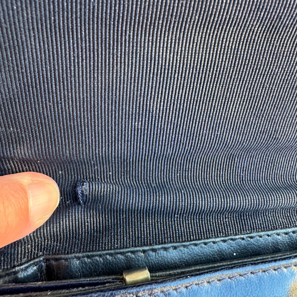 Bullocks Vintage Italian Leather Clutch Navy White Piping Art Deco Snap Closure