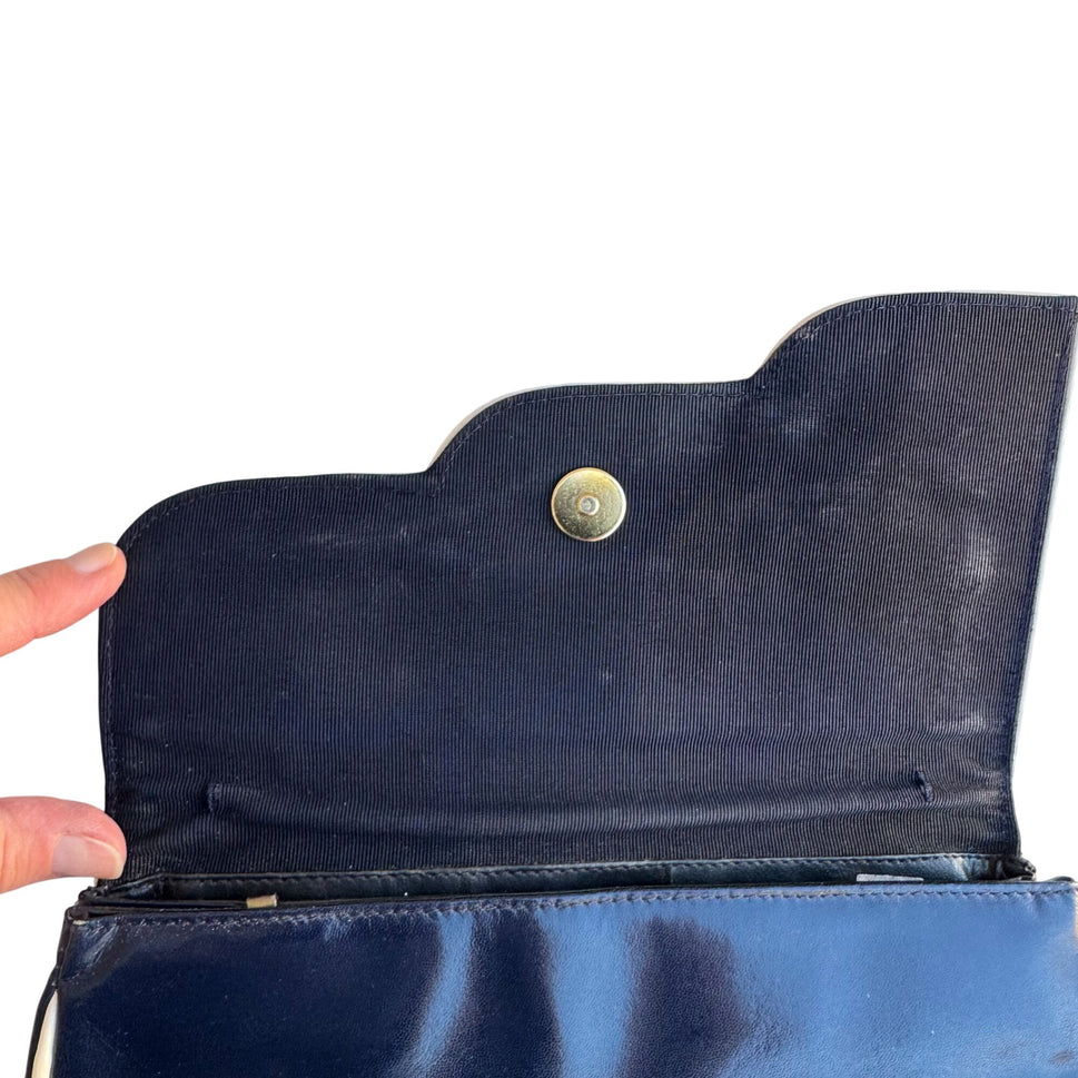 Bullocks Vintage Italian Leather Clutch Navy White Piping Art Deco Snap Closure