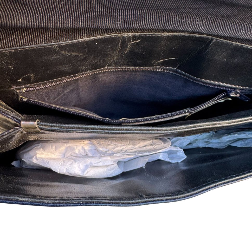 Bullocks Vintage Italian Leather Clutch Navy White Piping Art Deco Snap Closure