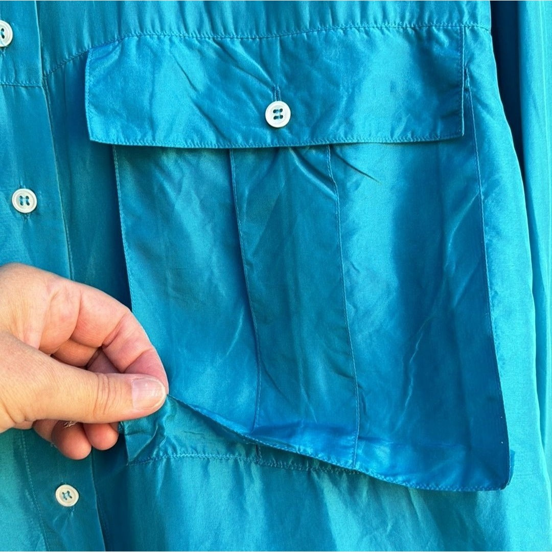 Carole Little St Tropez Vintage Silk Teal Oversized Button-Up Epaulette Shirt 6