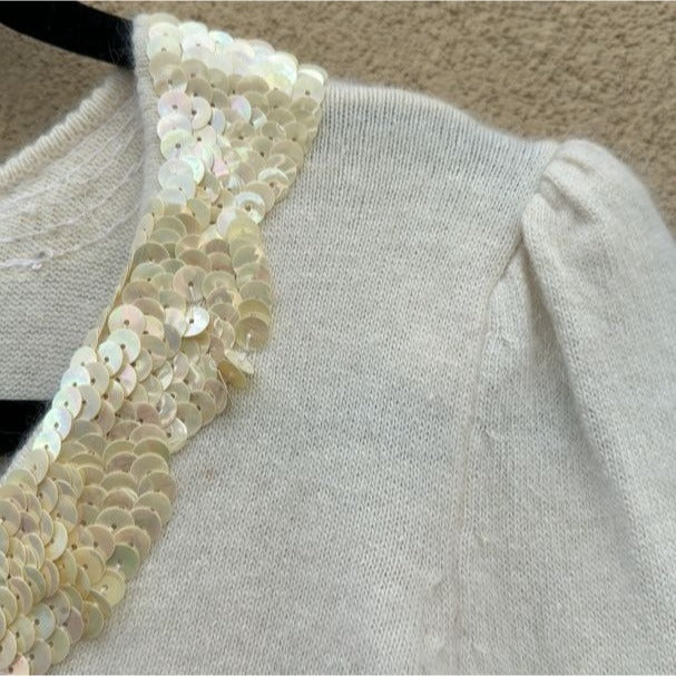 Angora Vintage Ivory Sequin V Neck Pleat Balloon Sleeve Knit Old Money Sweater S