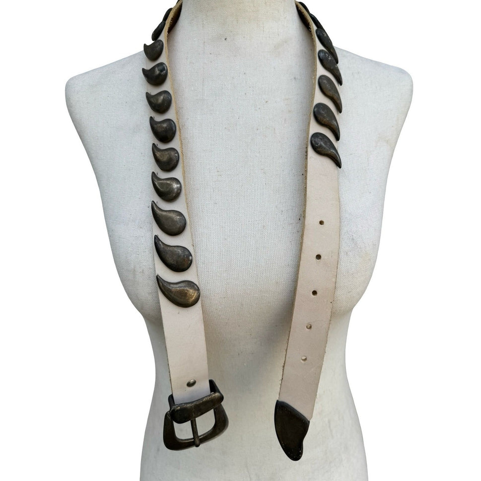 Vintage MGA Italy Cream Leather Belt Bronze Paisley Studded Western Boho Medium
