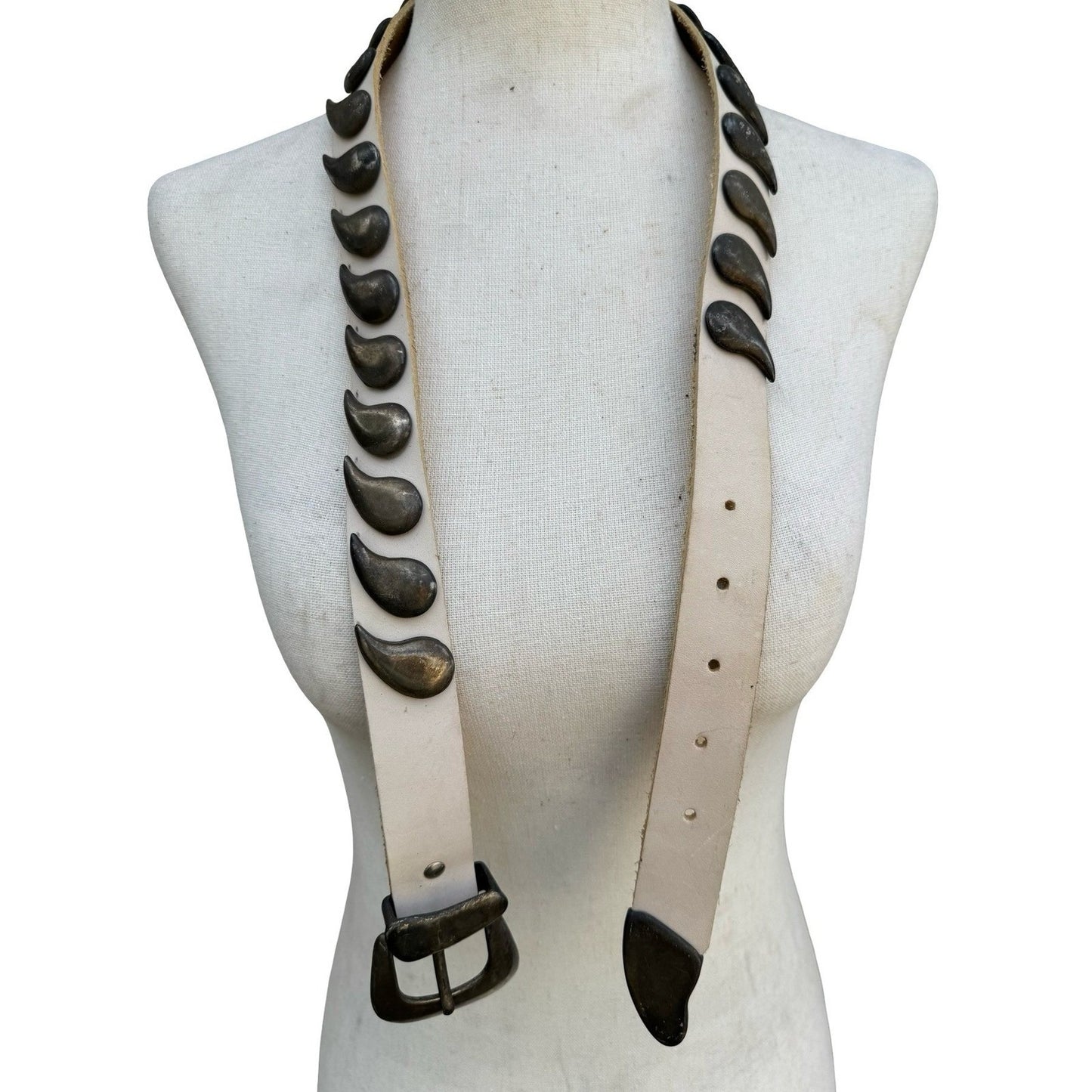 Vintage MGA Italy Cream Leather Belt Bronze Paisley Studded Western Boho Medium