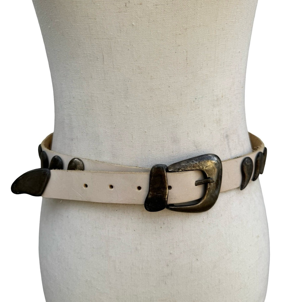 Vintage MGA Italy Cream Leather Belt Bronze Paisley Studded Western Boho Medium