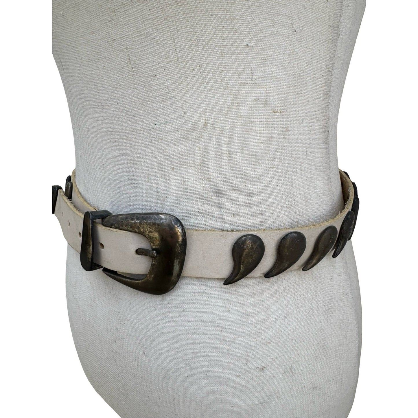 Vintage MGA Italy Cream Leather Belt Bronze Paisley Studded Western Boho Medium