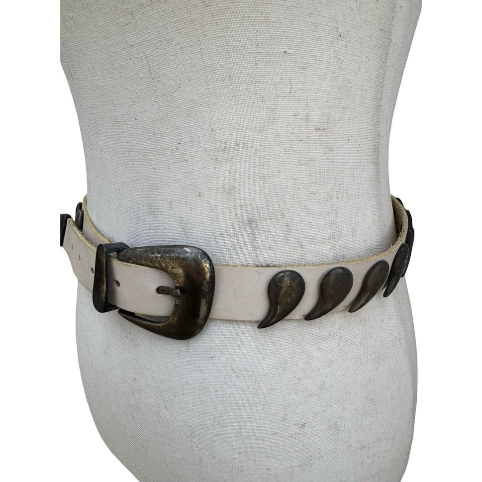 Vintage MGA Italy Cream Leather Belt Bronze Paisley Studded Western Boho Medium