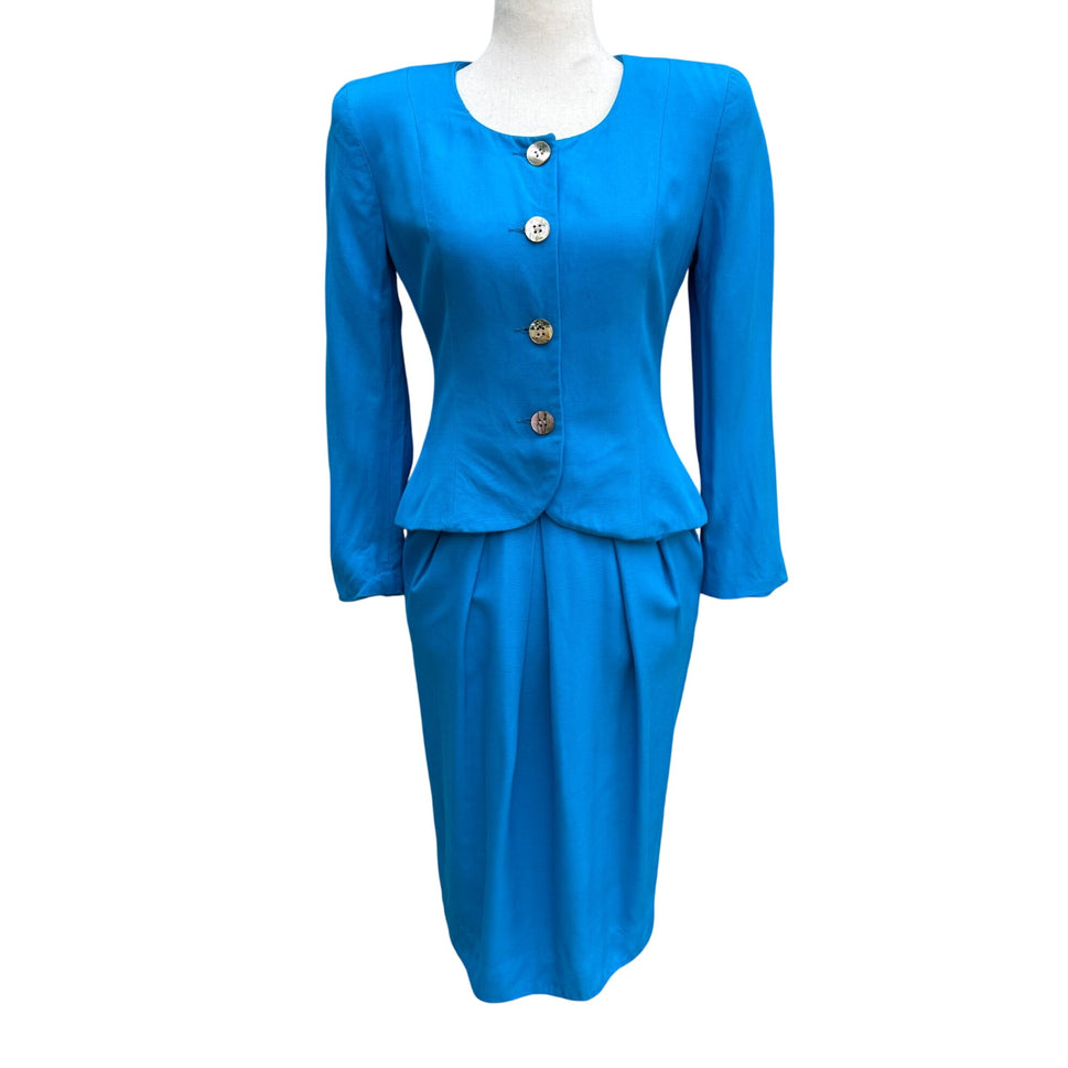 Christian Dior Vintage Blue Mother-Of-Pearl Button Long Sleeve Blazer Skirt Suit