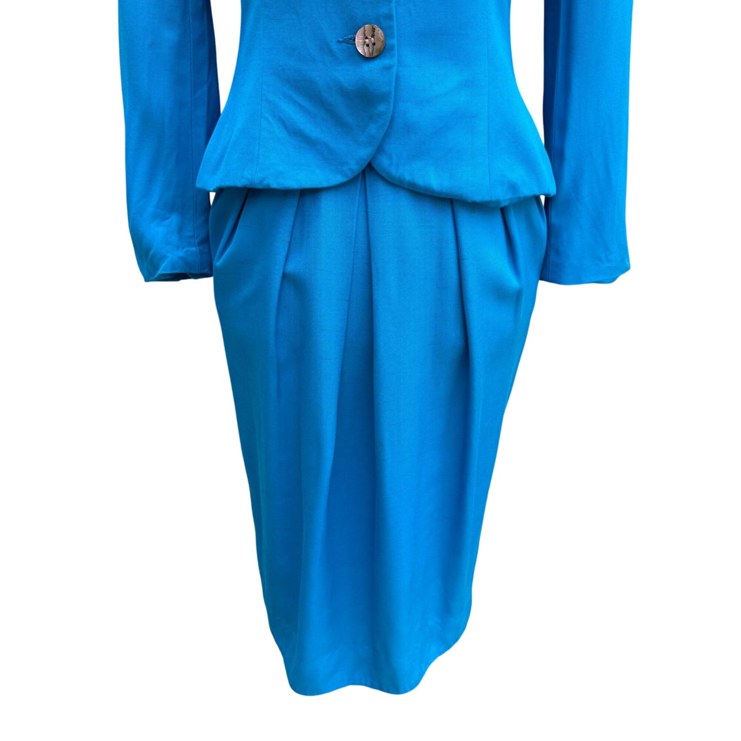 Christian Dior Vintage Blue Mother-Of-Pearl Button Long Sleeve Blazer Skirt Suit