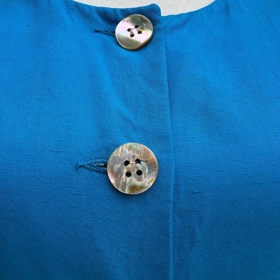 Christian Dior Vintage Blue Mother-Of-Pearl Button Long Sleeve Blazer Skirt Suit