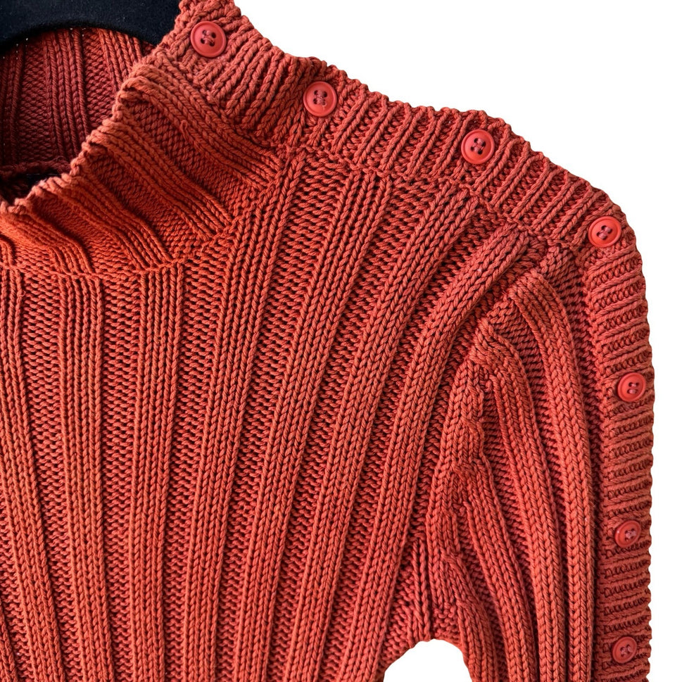 Filippa Y2K Silk Cotton Minimalist Ribbed Knit Button Sleeve Fisherman Sweater