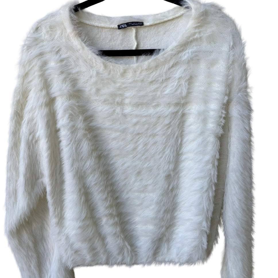 Zara Shaggy Angelcore Eyelash Knit Fuzzy Soft Coquette Sweater Cream Womens L