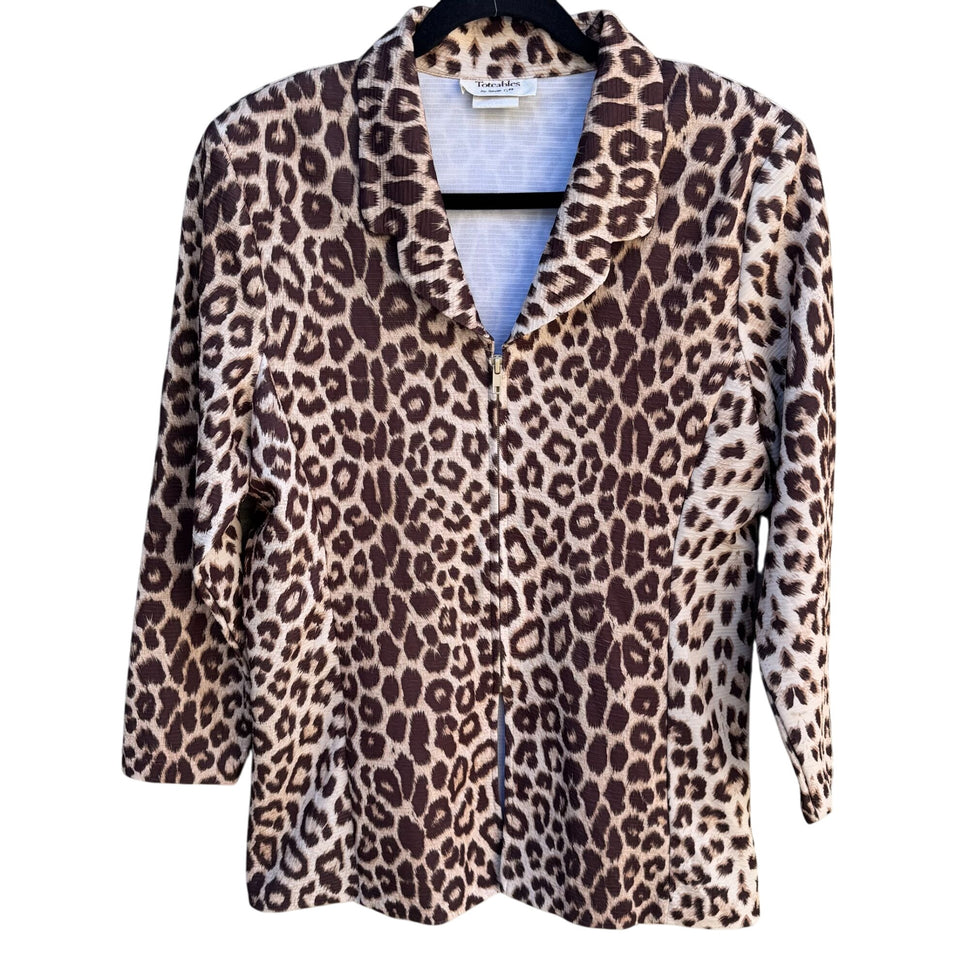 Toteables Susan Graver Vintage Leopard Print Womens Full Zip Long Sleeve Jacket