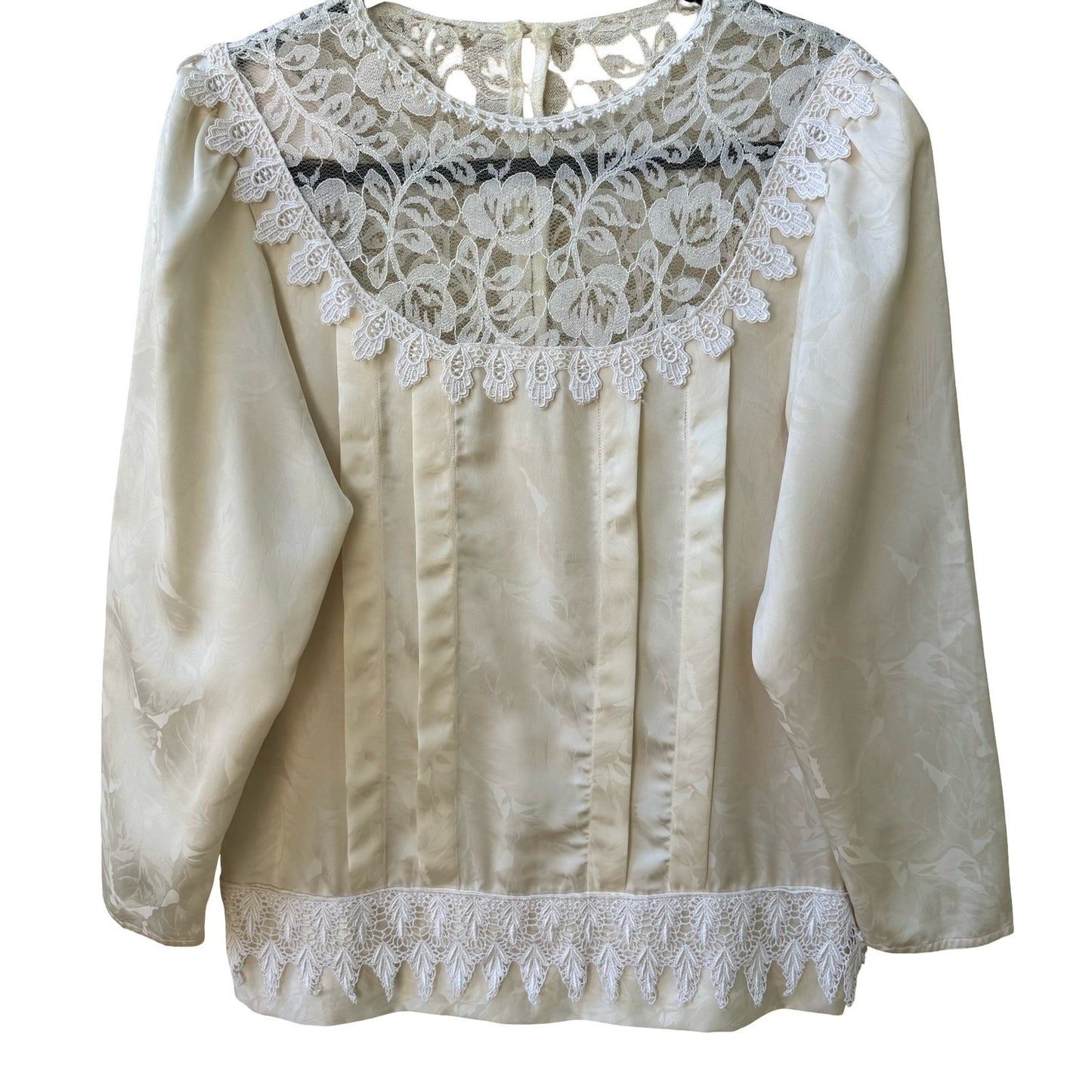 Vintage Coquette Romantic Lace Pintuck Floral Damask Button Back Romantic Blouse