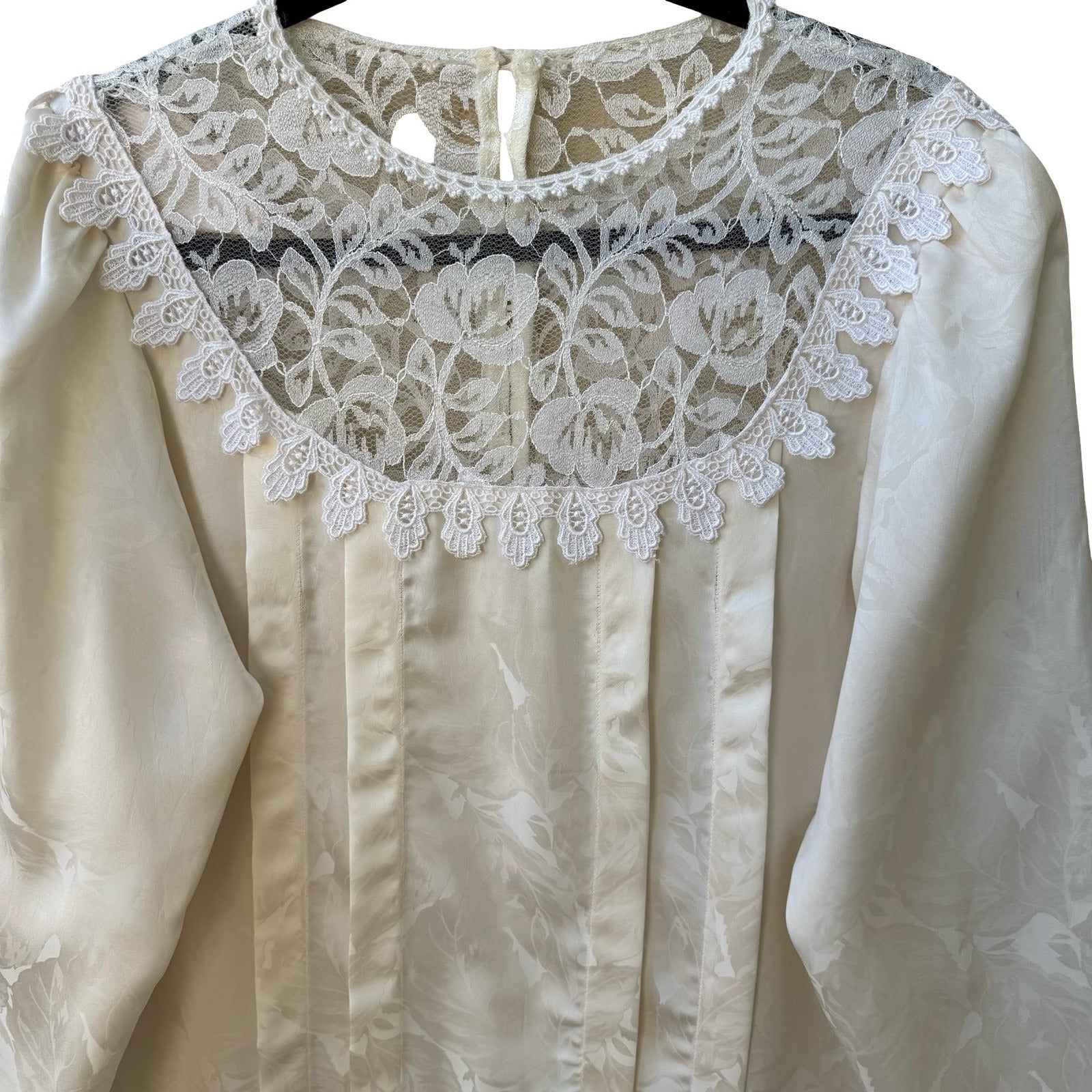 Vintage Coquette Romantic Lace Pintuck Floral Damask Button Back Romantic Blouse