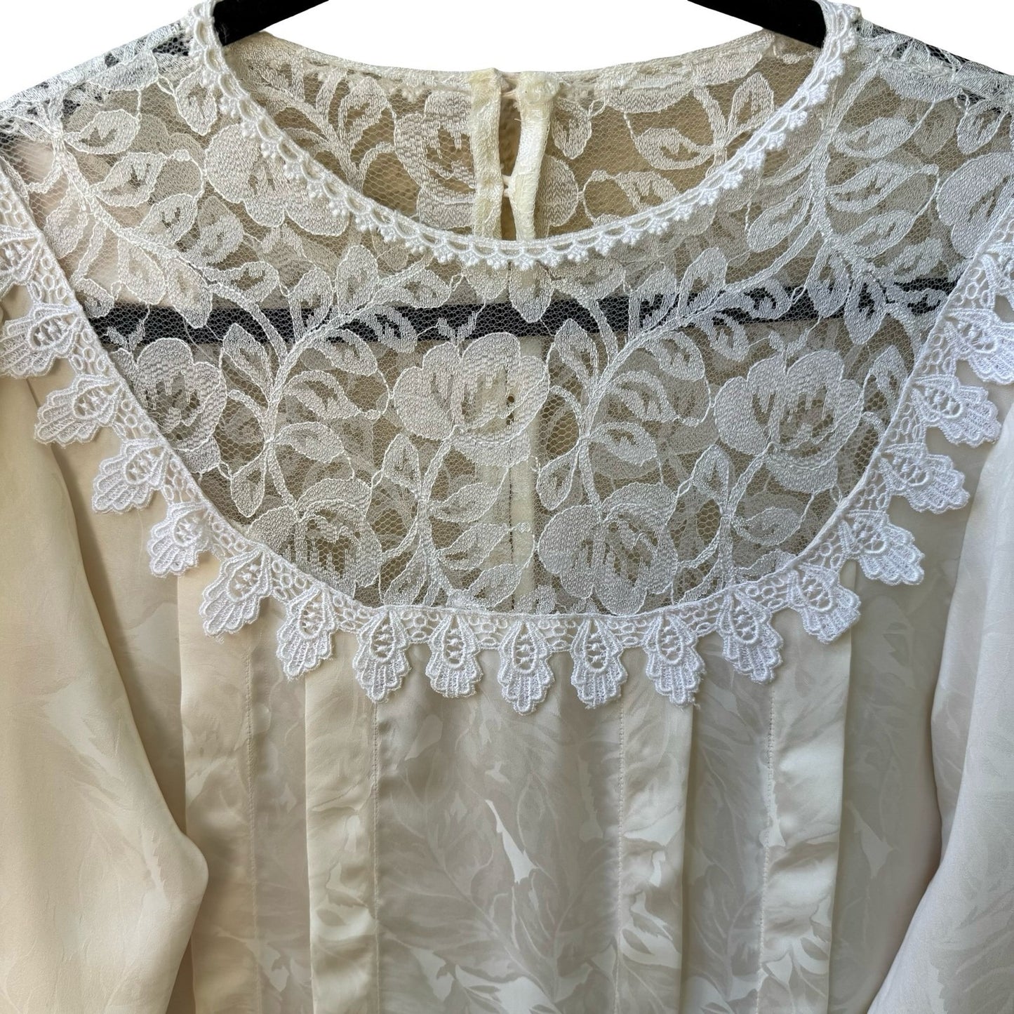 Vintage Coquette Romantic Lace Pintuck Floral Damask Button Back Romantic Blouse