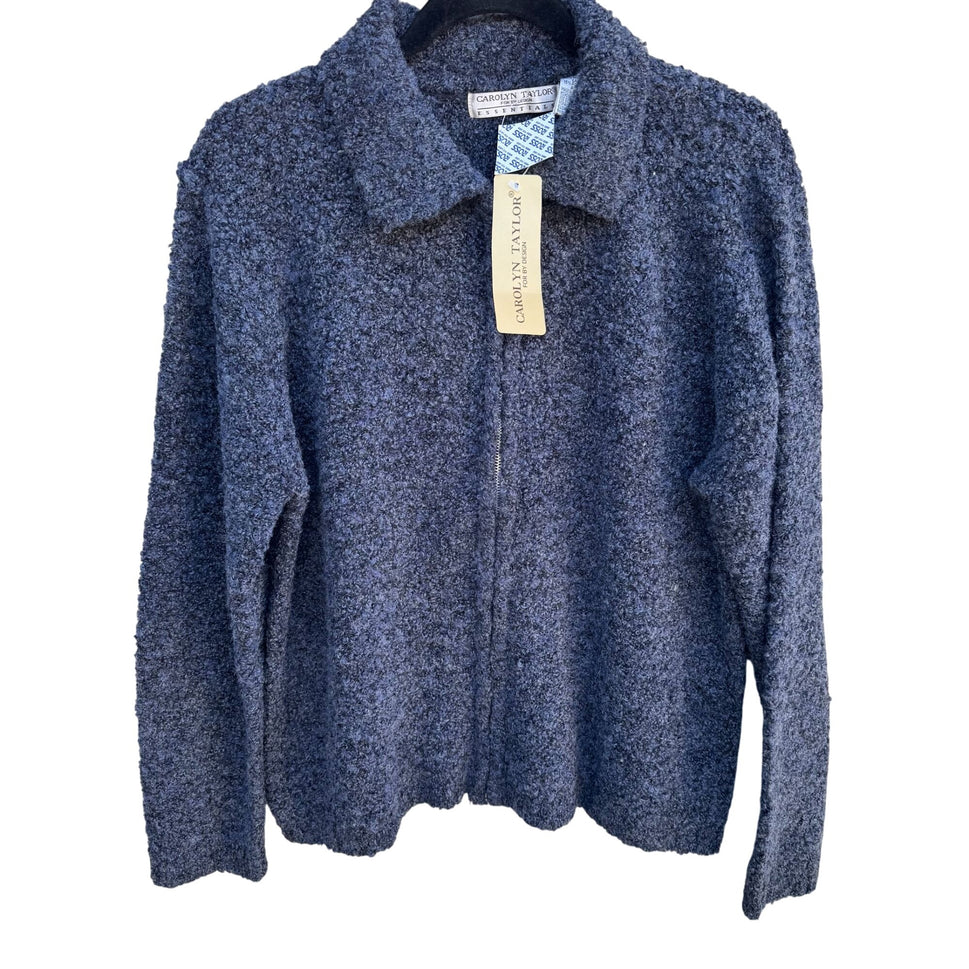 Carolyn Taylor Essential Womens Blue Boucle Zip-Up Wool Blend Cardigan Jacket New M