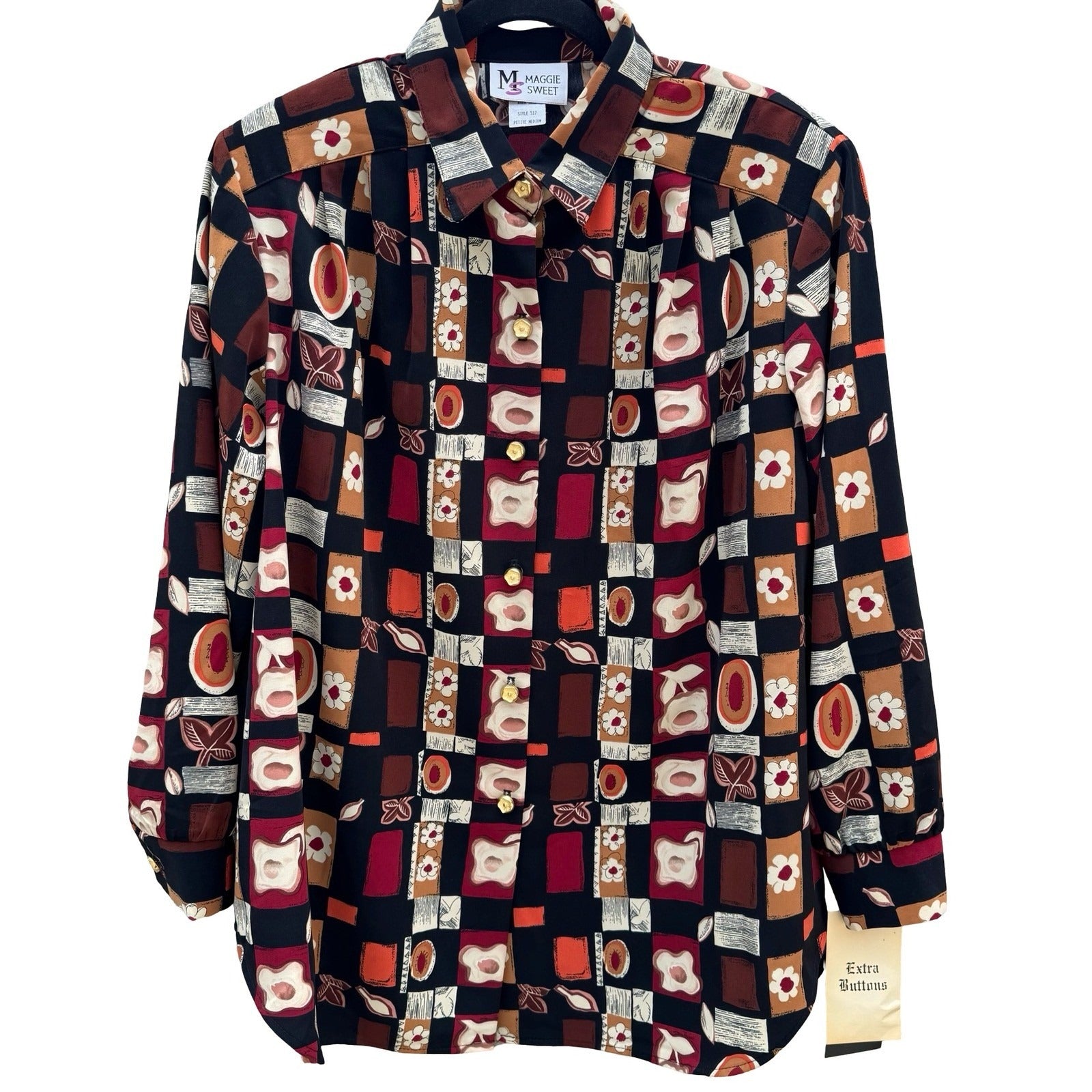 Maggie Sweet Vintage Geometric Floral Patchwork Blouse Petite Med NWT Oversized