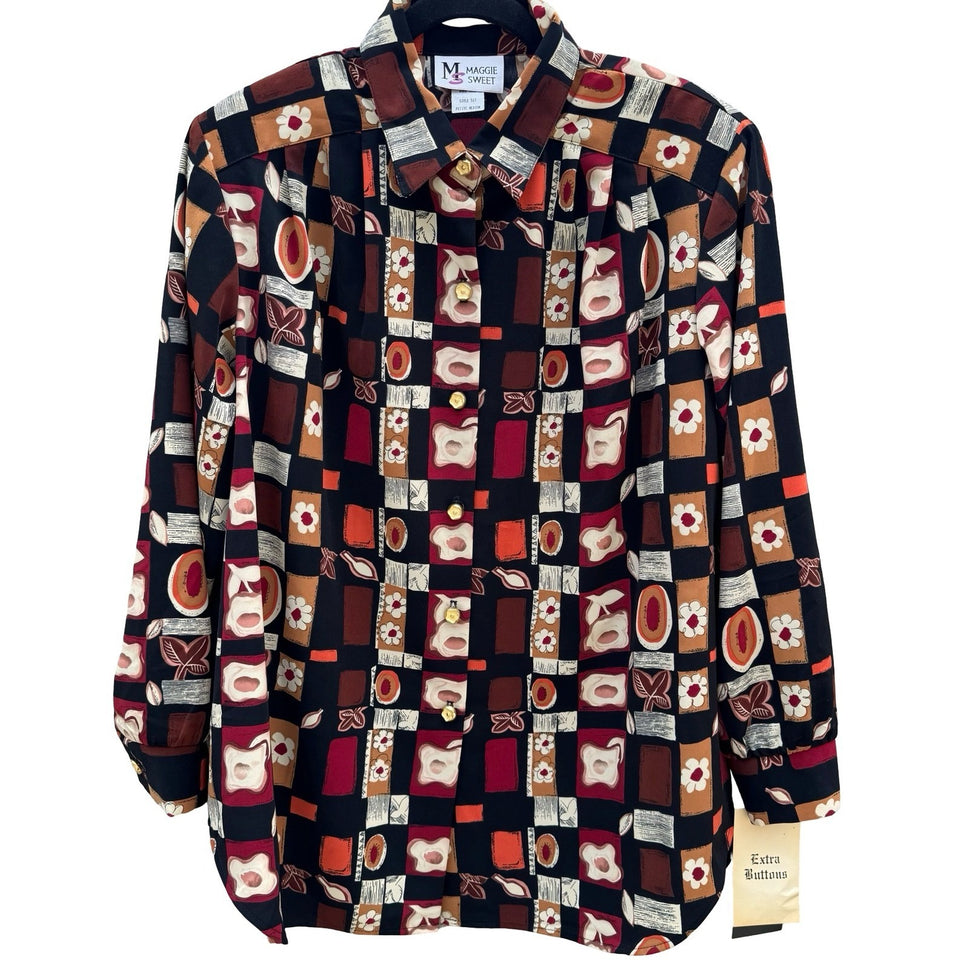 Maggie Sweet Vintage Geometric Floral Patchwork Blouse Petite Med NWT Oversized