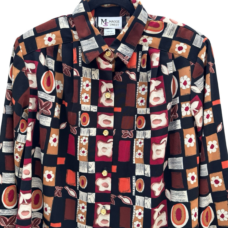 Maggie Sweet Vintage Geometric Floral Patchwork Blouse Petite Med NWT Oversized