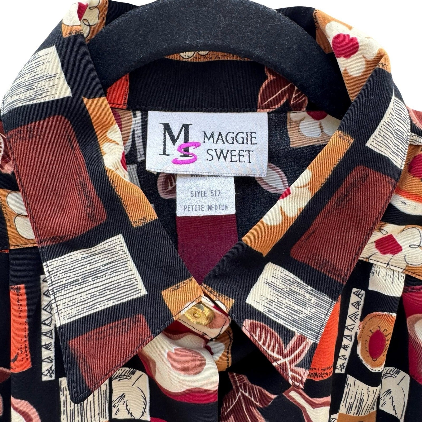 Maggie Sweet Vintage Geometric Floral Patchwork Blouse Petite Med NWT Oversized