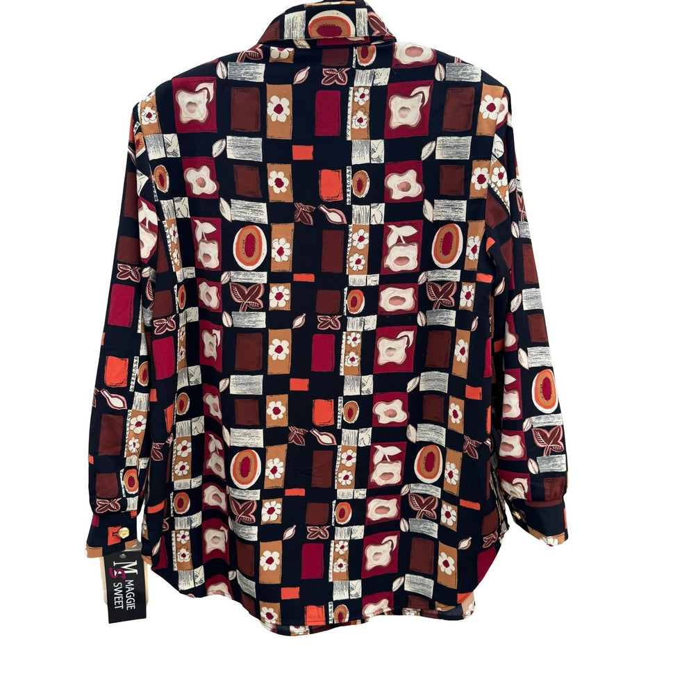 Maggie Sweet Vintage Geometric Floral Patchwork Blouse Petite Med NWT Oversized