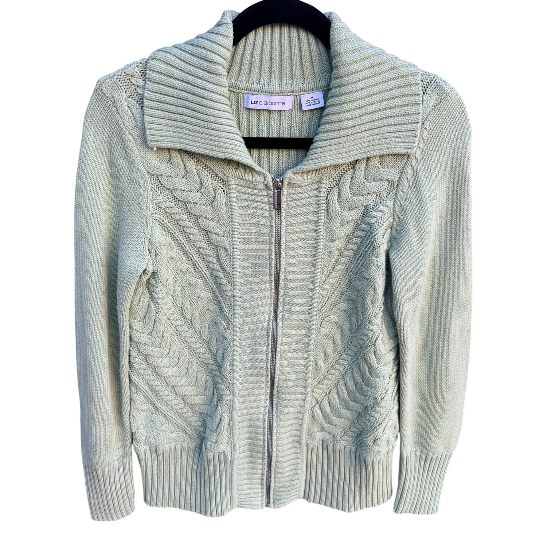 Liz Claiborne Y2K Mint Green Cable Knit Zip Cardigan Sweater M Ribbed Long Sleeve