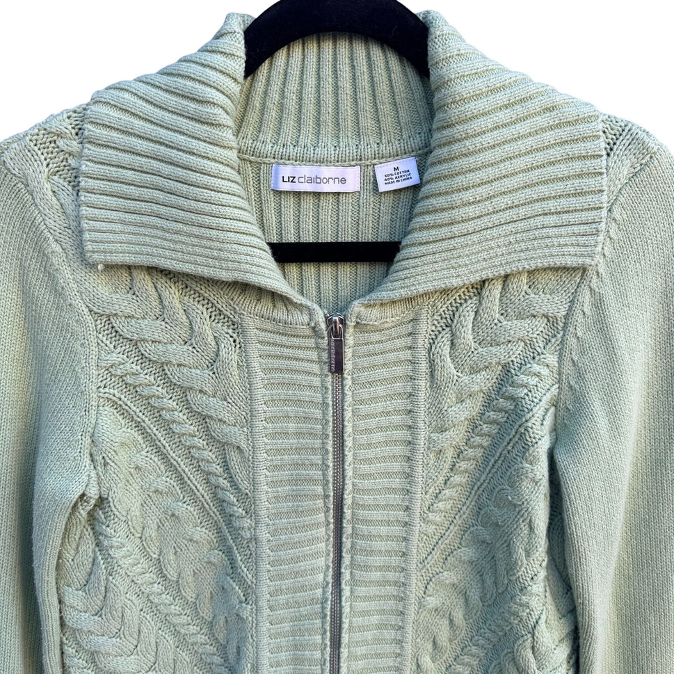Liz Claiborne Y2K Mint Green Cable Knit Zip Cardigan Sweater M Ribbed Long Sleeve