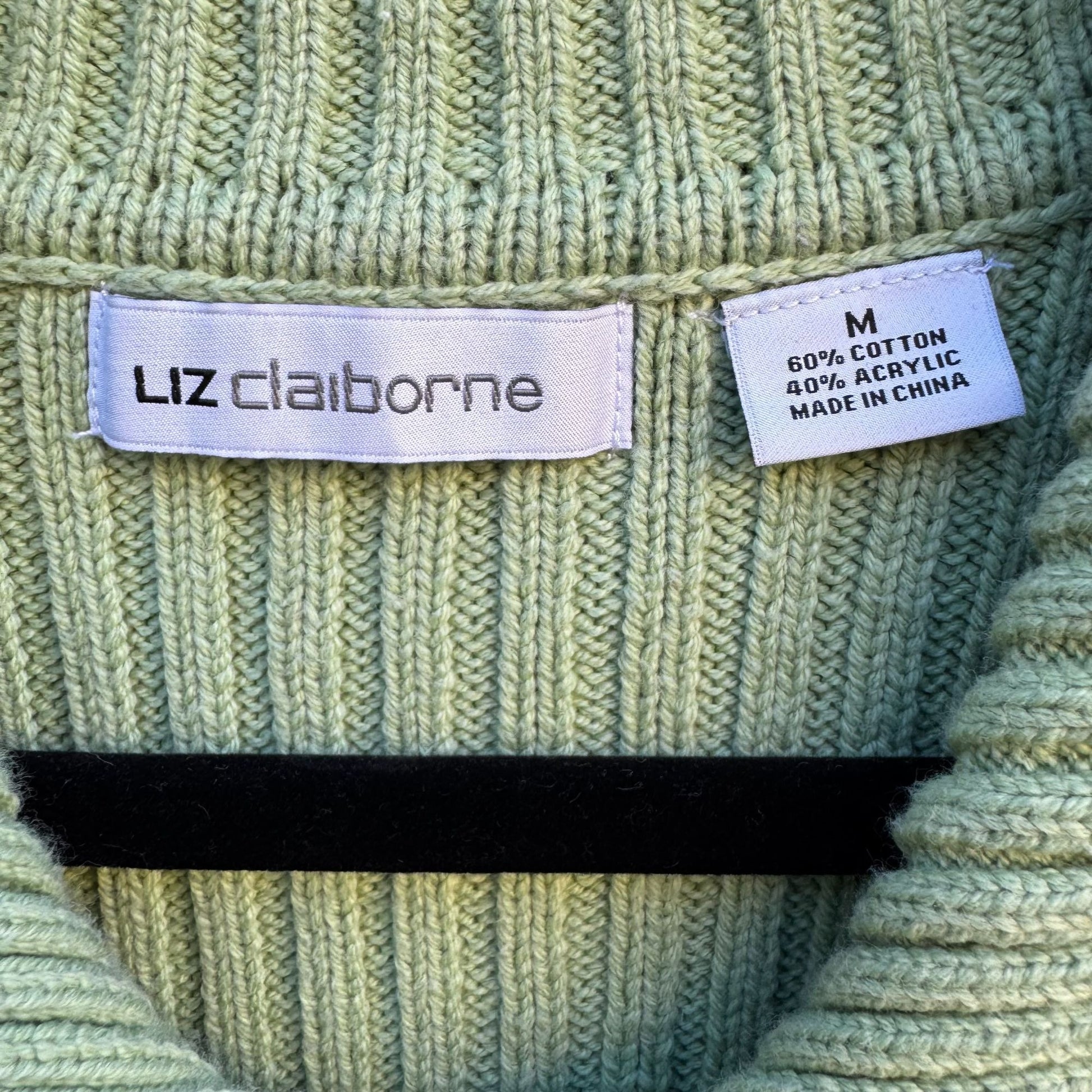 Liz Claiborne Y2K Mint Green Cable Knit Zip Cardigan Sweater M Ribbed Long Sleeve