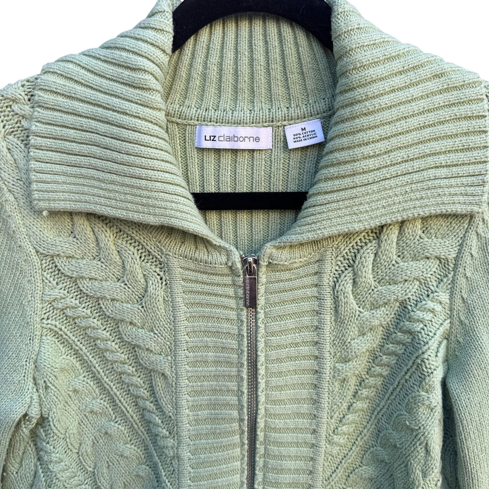 Liz Claiborne Y2K Mint Green Cable Knit Zip Cardigan Sweater M Ribbed Long Sleeve