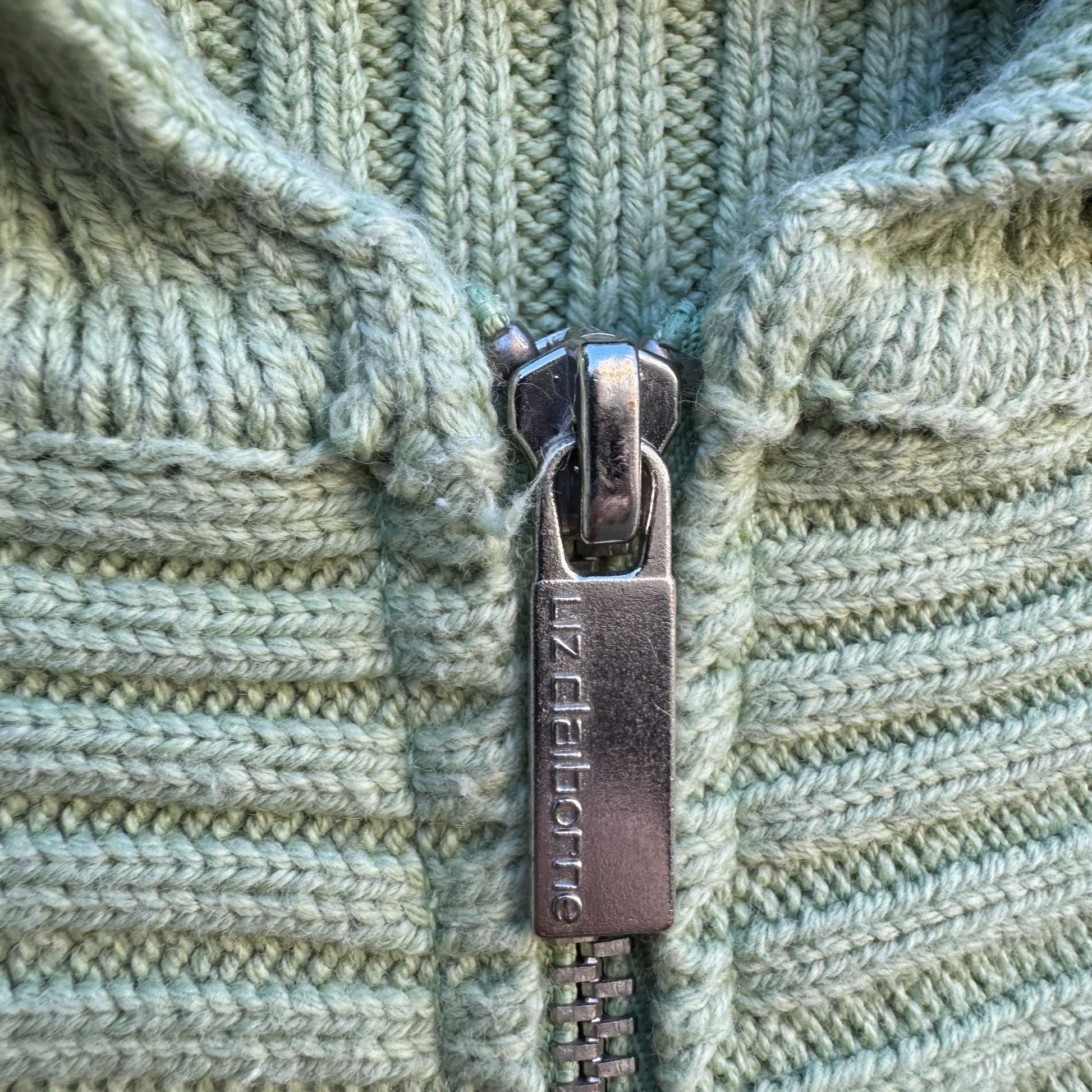 Liz Claiborne Y2K Mint Green Cable Knit Zip Cardigan Sweater M Ribbed Long Sleeve