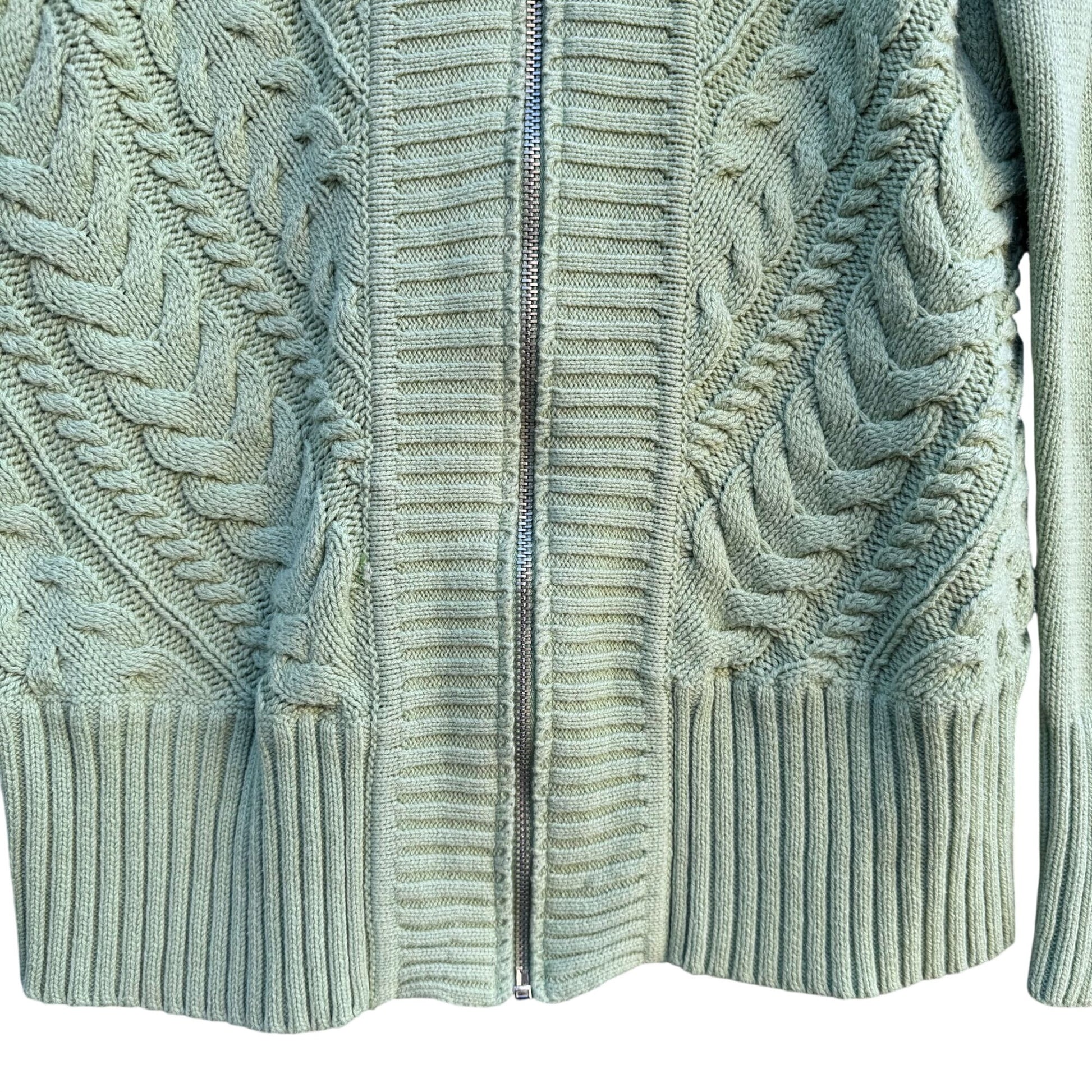 Liz Claiborne Y2K Mint Green Cable Knit Zip Cardigan Sweater M Ribbed Long Sleeve