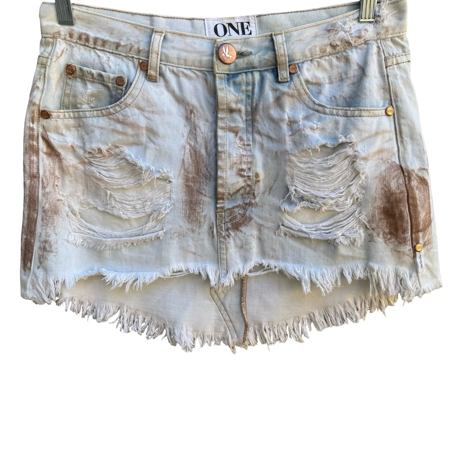 One Teaspoon Junk Yard Y2K Low Rise Distressed Raw Hem Denim Micro Mini Skirt 26