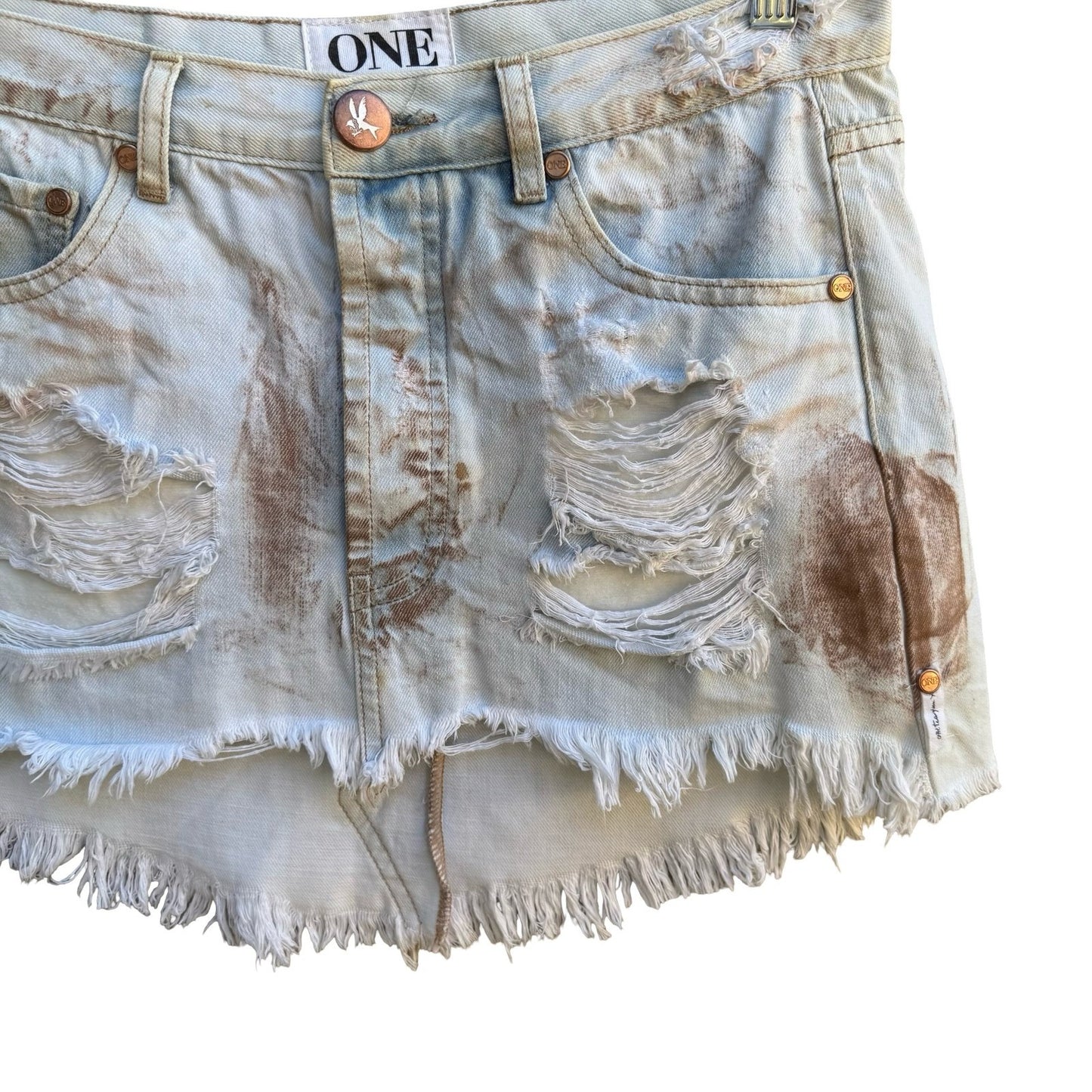 One Teaspoon Junk Yard Y2K Low Rise Distressed Raw Hem Denim Micro Mini Skirt 26