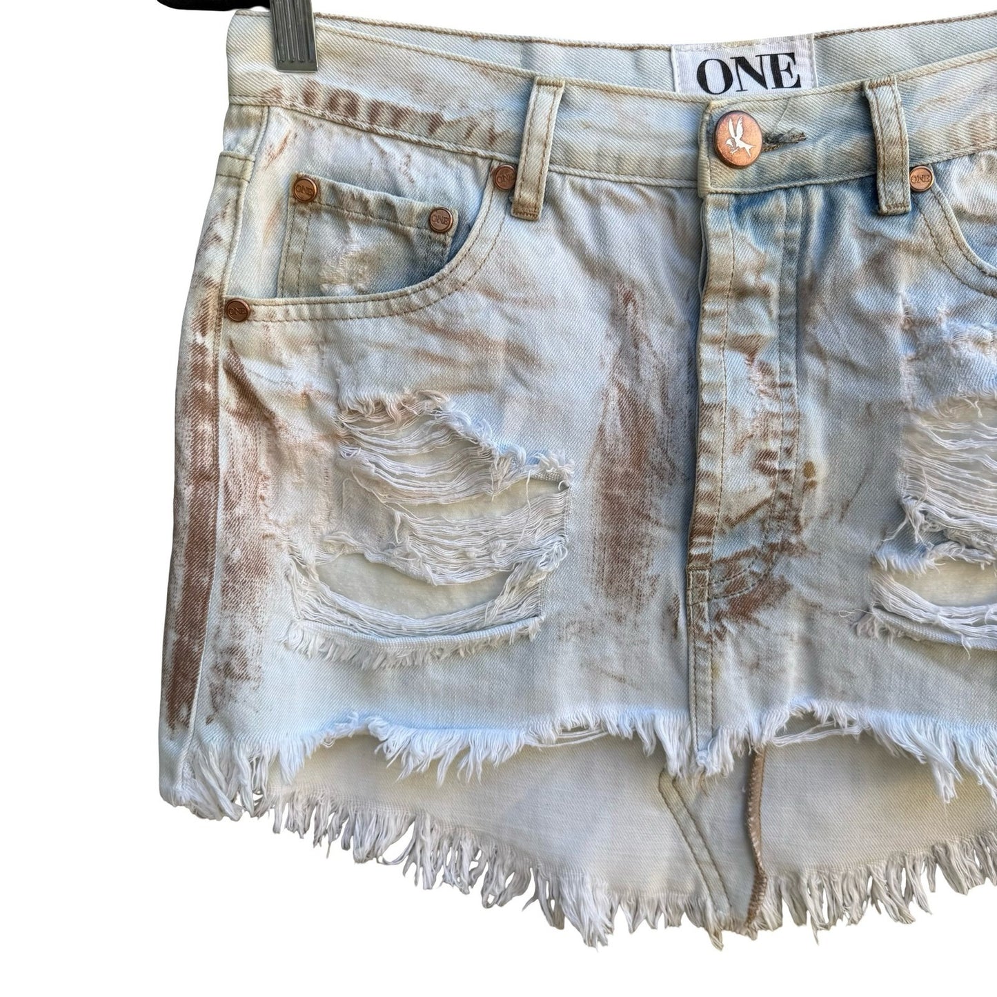 One Teaspoon Junk Yard Y2K Low Rise Distressed Raw Hem Denim Micro Mini Skirt 26