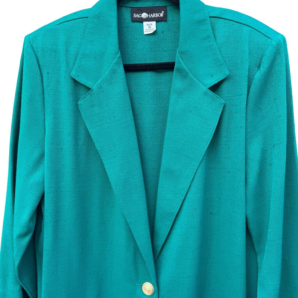 Sag Harbor Vintage Teal Green Textured Single Button Blazer Jacket 21035 Size 16