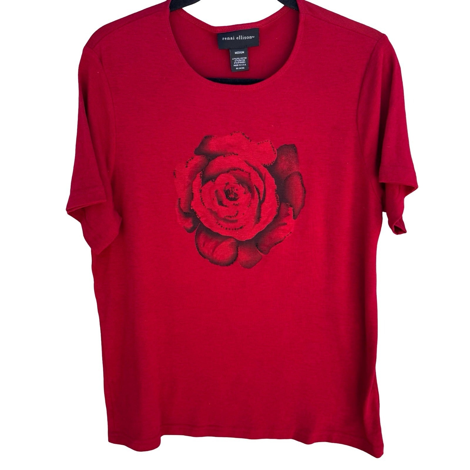 Renai Ellison Romantic Floral Beaded Rose Beaded Feminine Top Red Womens M Art