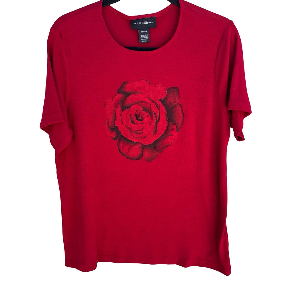Renai Ellison Romantic Floral Beaded Rose Beaded Feminine Top Red Womens M Art