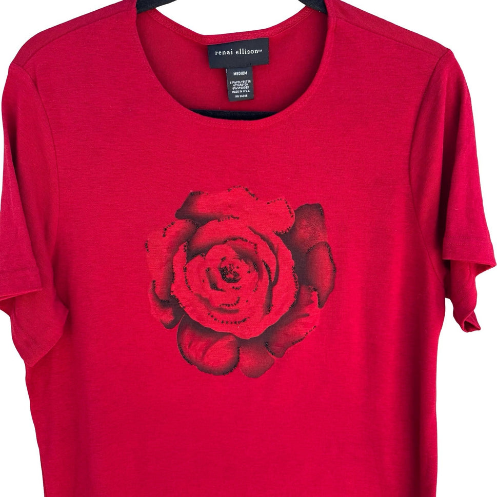 Renai Ellison Romantic Floral Beaded Rose Beaded Feminine Top Red Womens M Art